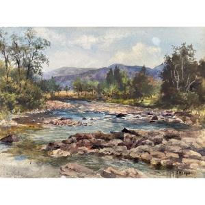 J. Windsor Hooper (xix-xx) Watercolor Landscape In Scotland Highland River 19th 20x27.5 Cm