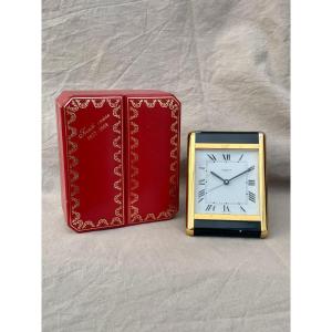 Cartier. Travel Desk Clock, Quartz Model Tank Onyx » 1983, Box, Swiss Papers