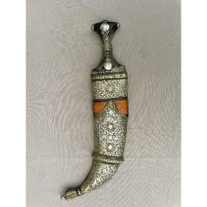 Jambiya Dagger, Arabia, Late 19th Century, Silver Filigree, Leather Handle, 38 Cm 