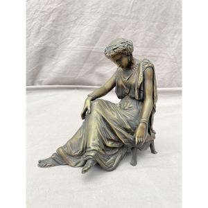 James Pradier (1790-1852), After Woman With Draped Antique Dress, Seated, Bronze, 19th Century, 19 Cm 