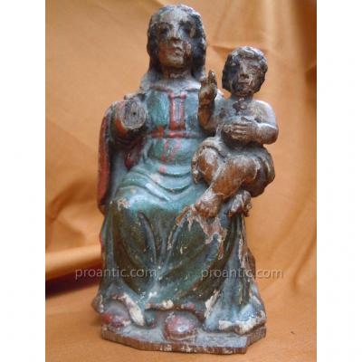 Virgin And Child Statue Wood Polychrome XVIIIème Oak