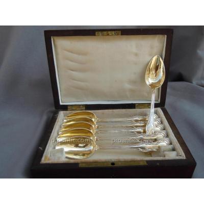 Suite Of 6 Tea Spoons Dessert In Silver Vermeil Minerve Napoléon III Box Rosewood