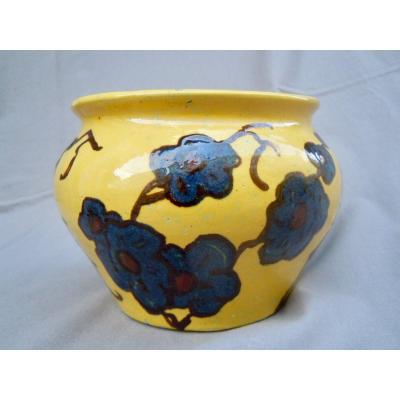Émile Simonod (1893 - 1977) Vase Art Deco Glazed Terra Cotta On Yellow Background Flower Decor