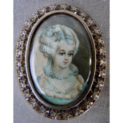 19th Silver Brooch Adorned With A Miniature Portrait Woman XIXth