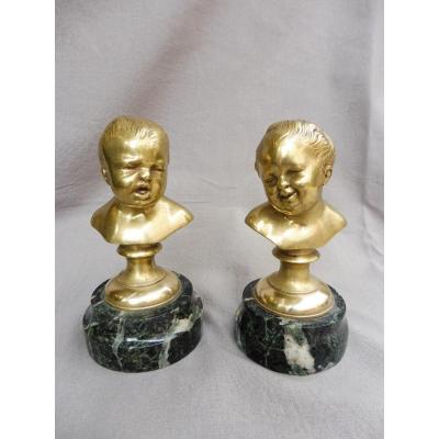 Houdon Jean-Antoine (1741-1828), D&rsquo;apr&egrave;s. Deux Bustes D&rsquo;enfants Dits &laquo; Jean Qui Rit Et Jean Qui pleure bronze dor&eacute; XIX&egrave;me 19&egrave;me 