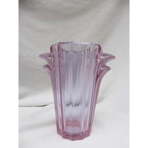Verlys France Vase Art Déco en Verre à Côtes Plates Couleur Violacée Rose Bleu 19 Cm Vers 1930 Art Deco signé 