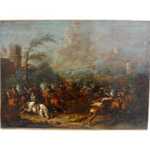 Jacques Courtois dit Le Bourguignon maitre de Joseph Parrocel (Saint-Hyppolite 1621 - Rome 1676) Choc de Cavalerie Scène de bataille  huile sur toile XVIIème  siècle 17ème Louis XIV