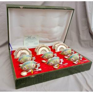 Suite Of Six Tea Cups, Saucers And Spoons In Silver And Porcelain Vietnam Vietnam