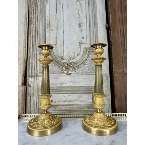 Pair Of Bronze Candlesticks, Restoration Period, Early 19th Century