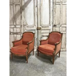 Pair Of Louis XVI Style Bergère Armchairs, 20th Century