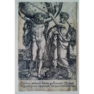 Engraving Of Hercules Helping Atlas Hold Up The Sky By Heinrich Aldegrever, 1550