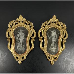 Pair Of 18th-century Italian Mirrors Engraved With Mythological Figures Of Diana And Mercury
