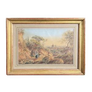 Luigi Garibbo 1858 - Italy, View Of Florence, Young Woman - 19th Century Tempera Painting