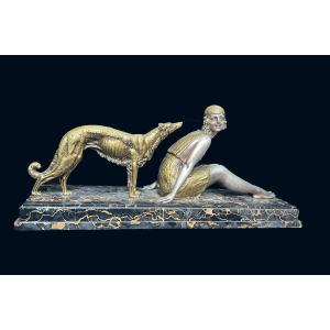 Bronze Sculpture Demeter Chiparus Art Deco Elegante With Greyhounds France 