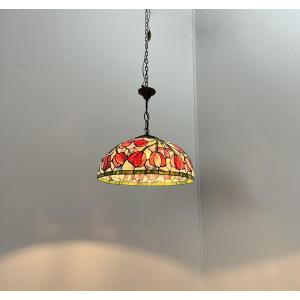 Large Tiffany-style Pendant Light - 45cm Ceiling Chandelier - Stained Glass With Tulips - Art Nouveau