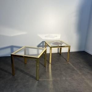 Pair Of Coffee Tables, Glass And Brass, Italy, 1960s, Hollywood Regency 60x60cm