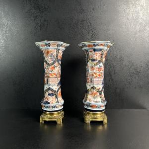 Pair Of Imari Trumpet-shaped Vases, Porcelain And Gilt Bronze, 18th And 19th Centuries, Compagnie Des Indes