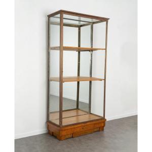 Art Deco Period Shop Display Case, 1930s, Wegmo Lyon France, Oak And Copper