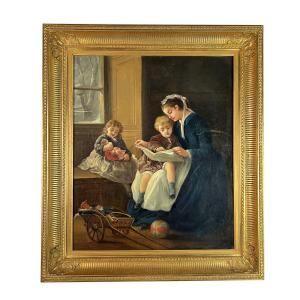 Jules Léonard (belgium 1827-1897), Learning To Read, Oil On Canvas, Signed - 19th Century