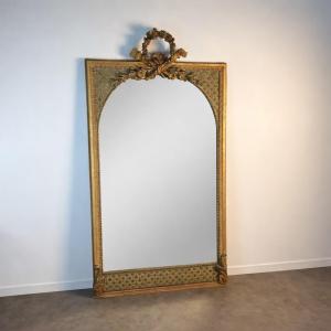 Large Mirror With Pediment, 19th Century Louis XVI/napoleon III Style Glass With Rich Decoration