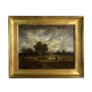 Léon Richet (1843-1907) Barbizon, Oil On Panel - Lively Landscape, France 19th Century