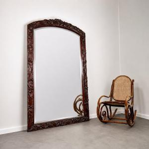 Large Art Nouveau Mirror (2 Meters) In Mahogany Carved In High Relief With Iris Decoration, Circa 1900
