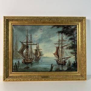 Antique Painting, Sailboats Leaving Bruges - Oil On Canvas - Belgium, 19th Century, Jongkind