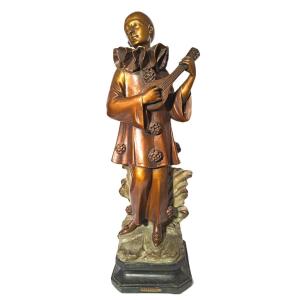 Adolfo Cipriani, Serenade, Pierrot Sculpture With Mandolin