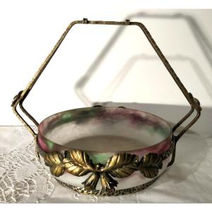 Art Deco Cup In Glass Paste Signed Muller Frères Lunéville, Wrought Iron Support