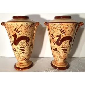 Pair Of Art Deco Earthenware Vases From Longchamp, Colonial-inspired Decor