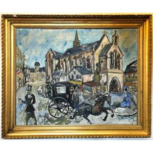 La Collégiale Saint-martin De Brive-la-gaillarde, Oil On Canvas Signed Pierre Delclaux, 20th Century
