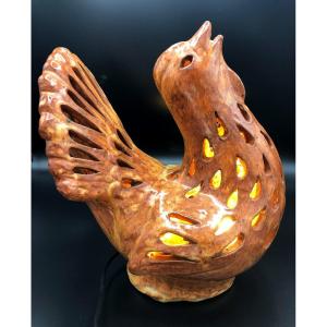 Red Sandstone Ceramic Heather Rooster Mounted As A Lamp, Dlg Agnès Escala, Design Vintage