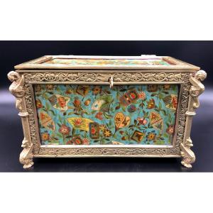 Jewelry Box With Gilt Bronze Frame And Painted Enamel Decor With Japanese Motifs, 19th Century