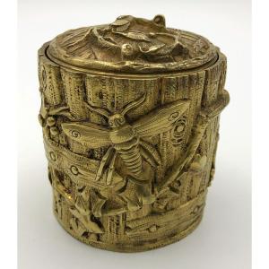 Art Nouveau Tobacco Pot In Gilt Bronze With Naturalist Decor, Late 19th Century