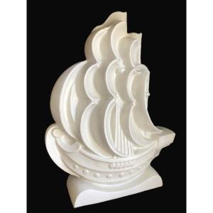 Caravelle Boat, Large Art Deco Ceramic Attributed To Le Jan, Circa 1930