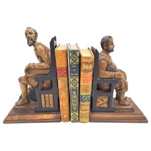 Pair Of Don Quixote And Sancho Panza Bookends In Carved Wood, Mid 20th Century