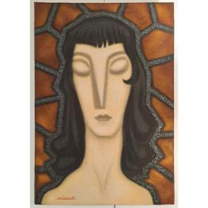 Miauch, Portrait Of A Woman In Cubist Style, Mixed Media On Canvas, 20th Century
