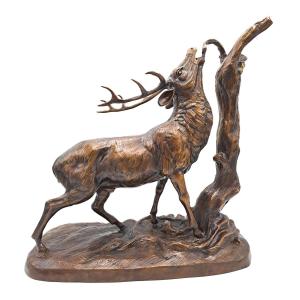 Deer With A Branch, Large Animal Bronze In The Style Of Pierre-jules Mêne, 20th Century