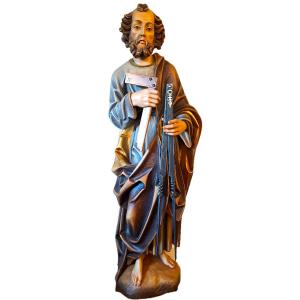 Large Polychrome Wooden Sculpture Of The Patron Saint Of The Compagnons Du Devoir, 20th Century
