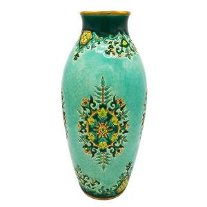 Large Longwy Enamel Vase, Chevreuse Decor By Maurice-paul Chevallier, Mid-20th Century