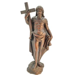 Christ Holding The Cross, Patinated Oak Sculpture, Baroque Period 17th Century