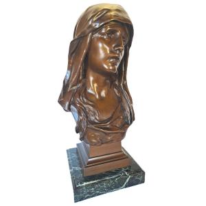 Eugène Marioton (1857-1933), Bronze Bust Of The Virgin Mary, Mater Dolorosa, Late 19th Century