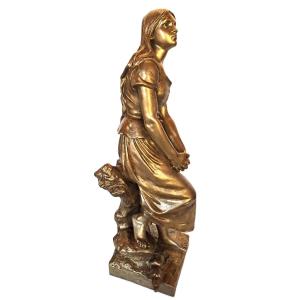 The Revelation Of Joan Of Arc Or The Spinner, Bronze With Gilt Patina, Signed Eugène Laurent, 19th Century