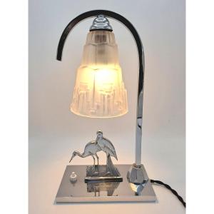 Art Deco Lamp In Chromed Metal Decorated With Wading Birds And A Skyscraper Tulip Shade, Mid-20th Century