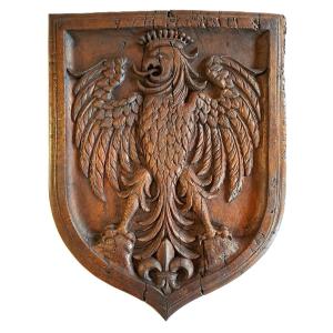 Large Coat Of Arms With A Crowned Eagle And Fleur-de-lis, Sculpture Signed E. Valadié, 19th-20th Century