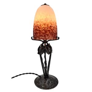 Art Nouveau Wrought Iron Table Lamp With A Glass Paste Shade, Signed Mulaty Lyon, Early 20th Century