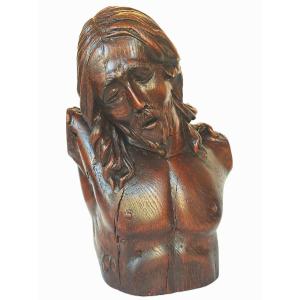 Bust Of The Dying Christ In Carved And Patinated Wood, 20th Century School
