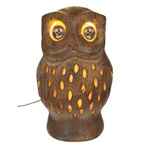 Owl Signed By Agnès Escala, Zoomorphic Lamp In Openwork Stoneware, Vintage 1970s Design