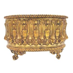 Repoussé Brass Jardinière With Neoclassical Decoration, Napoleon III Period, 19th Century