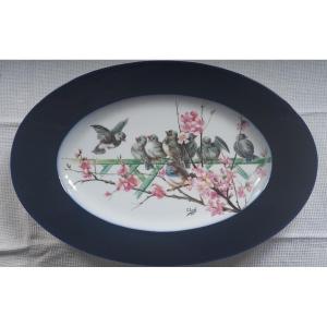 Oval Dish In Limoges Porcelain Signed Martin Charles And Painted By C. Curial
